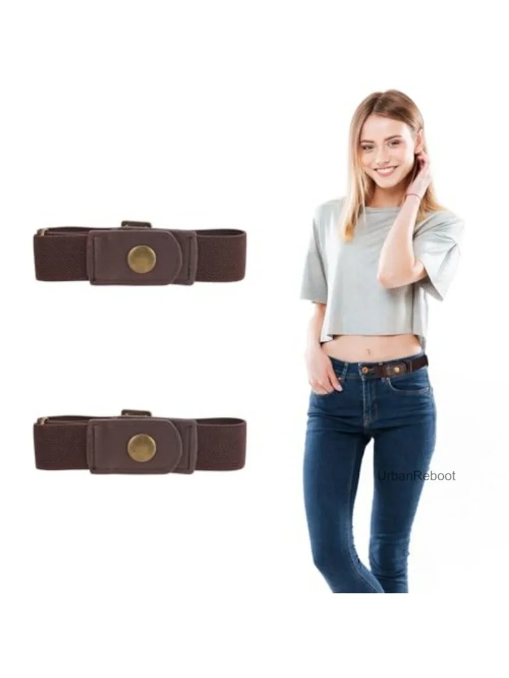 2-Pack No Buckle Stretch Belts for Men Women Adjustable Leather & Metal Snap
